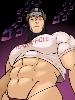 1boy abs abysskeeper_(fire_emblem) bara brown_eyes brown_hair closed_mouth commentary covered_pectorals cropped_shirt cummytomato english_commentary fire_emblem fire_emblem:_three_houses gradient_background highres looking_at_viewer male_focus menacing_(jojo) muscular muscular_male nintendo pectorals solo