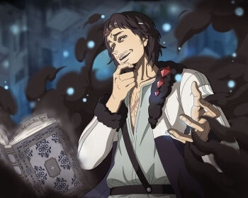 Rule 34 | 1boy, absurdres, black clover, black clover m: rise of the wizard king, black jacket, book, brown eyes, brown hair, grey shirt, grimoire, highres, jacket, looking at viewer, lotus whomalt, male focus, multicolored jacket, non-web source, official art, open book, open clothes, open jacket, open mouth, shirt, short hair, solo, teeth, two-tone jacket, upper teeth only, white jacket