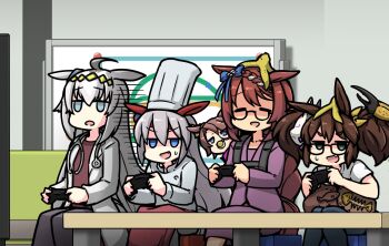 5girls ahoge alternate_costume animal_ears apron banana_peel blue_eyes bow braid brown_hair chef chef_hat closed_eyes coat commentary_request controller couch doctor ear_bow ear_covers ear_ornament fox_mask game_controller glasses grey_hair hair_between_eyes hair_ornament hairband hamu_koutarou hat holding holding_controller holding_game_controller horse_ears horse_girl horse_tail inari_one_(umamusume) jacket lab_coat long_hair long_sleeves mask mask_on_head multicolored_hair multiple_girls narita_taishin_(umamusume) oguri_cap_(umamusume) on_couch open_mouth pacifier purple_jacket purple_shirt purple_skirt red_apron shirt sitting skirt smile stethoscope_around_neck streaked_hair super_creek_(umamusume) tail tamamo_cross_(umamusume) twintails umamusume umamusume:_cinderella_gray white_coat white_hair