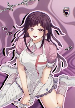 1girl apron bandaged_leg bandages blush breasts collared_shirt danganronpa_(series) danganronpa_2:_goodbye_despair highres holding holding_syringe large_breasts long_hair mai_duo miniskirt mole mole_under_eye pink_shirt pleated_skirt shirt shoes short_sleeves skirt smile socks solo syringe tsumiki_mikan white_apron white_shoes