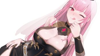 Rule 34 | 1girl, ;q, black dress, black nails, breasts, cleavage, commentary, dress, dutch angle, fingernails, hand on own hip, highres, hololive, hololive english, kirachamo, large breasts, light blush, long hair, looking at viewer, mori calliope, mori calliope (1st costume), nail polish, one eye closed, pink hair, red eyes, simple background, solo, symbol-only commentary, thumbs up, tongue, tongue out, veil, virtual youtuber, white background, white veil