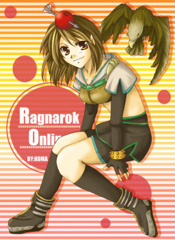 1girl 2000s_(style) apple_on_head arrow_through_apple artist_name bird black_gloves black_shorts black_skirt black_socks breasts brown_eyes brown_hair brown_shirt closed_mouth commentary_request copyright_name crop_top cropped_jacket dated_commentary elbow_gloves falcon fingerless_gloves full_body gloves hunter_(ragnarok_online) invisible_chair jacket koma_(bluesun) leaning_forward looking_at_viewer medium_breasts midriff miniskirt navel pointy_ears ragnarok_online shirt short_hair short_shorts short_sleeves shorts shorts_under_skirt sitting skirt smile socks solo striped_background white_jacket