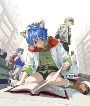 Rule 34 | 1girl, 3boys, animal ears, blonde hair, blue eyes, blue hair, book, bowman jean, brown hair, cat ears, claude c. kenny, closed mouth, crescent, crescent hair ornament, full body, hair ornament, indesign, jacket, lab coat, leon geeste, library, multiple boys, pointy ears, rena lanford, short hair, shorts, skirt, smile, star ocean, star ocean: the second story, untied shoelaces