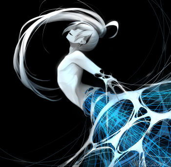 1boy ahoge black_background highres library_of_ruina long_hair moribe_denkou multicolored_hair nude open_mouth pale_skin project_moon side_ponytail silk simple_background skinny solo spider_web streaked_hair string very_long_hair white_hair yan_vismok