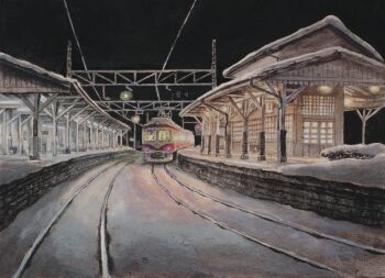 absurdres building highres multiple_unit_train nagano_electric_railway night no_humans original overhead_line pantograph railroad_tracks sky snow tanamachi_yoshihiro train train_station train_station_platform vehicle_focus