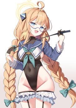 1girl absurdres ahoge black_gloves blue_archive blue_eyes braid breasts covered_navel glasses gloves halo highres leotard long_hair official_alternate_costume shimiko_(blue_archive) shimiko_(magical)_(blue_archive) sob_(submar1089) solo twin_braids