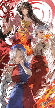Rule 34 | 3girls, absurdres, arrow (symbol), blood, blood on face, blue eyes, bow, bowtie, breasts, brown hair, collared shirt, commentary request, constellation print, cross, dress, exposed bone, fire, frilled shirt collar, frills, fujiwara no mokou, grey hair, hair bow, hand on own cheek, hand on own face, hat, highres, houraisan kaguya, large breasts, long hair, long sleeves, looking at viewer, multiple girls, nurse cap, ofuda, ofuda on clothes, pants, pink shirt, print dress, print hat, purple eyes, purple hat, pyrokinesis, red cross, red dress, red eyes, red pants, red skirt, regeneration, shirt, signature, skirt, suspenders, tadano1129, touhou, translation request, two-tone dress, very long hair, white bow, white shirt, yagokoro eirin, yellow bow, yellow bowtie