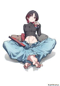 1girl absurdres artist_name barefoot black_hair black_sweater can commentary covered_collarbone crossed_ankles denim drink_can earphones feet gradient_hair grey_panties highres holding holding_can indian_style iris_black_games jeans kisaragi_ren_(vspo!) leverless_arcade_stick long_sleeves looking_at_viewer midriff multicolored_hair navel niboshidrip open_fly panties pants pillow red_eyes red_hair red_nails ribbed_sweater short_hair simple_background sitting sleeves_past_wrists solo stomach sweater toenails toes turtleneck turtleneck_sweater underwear virtual_youtuber vspo!