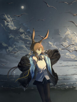 Rule 34 | 1girl, amiya (arknights), animal ear fluff, animal ears, arknights, ascot, beach, bird, black ascot, black jacket, black pantyhose, black skirt, black sky, blue choker, brown hair, choker, closed eyes, closed mouth, cloud, commentary, cowboy shot, full moon, glint, headphones, highres, holding, holding headphones, jacket, long hair, moon, night, ocean, open clothes, open jacket, outdoors, pantyhose, ponytail, rabbit ears, rabbit girl, shirt, skirt, sky, sleeveless, sleeveless shirt, smile, solo, waves, white shirt, zhengzexiang1111