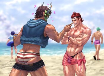 Rule 34 | 4boys, alternate costume, ass, bara, beach, blue hair, blurry, blurry background, brown hair, bulge, butt crack, carless (ppanic), character request, clothes pull, commentary, commission, crossed arms, denim, denim shorts, english commentary, eyewear on head, fire emblem, fire emblem: new mystery of the emblem, fire emblem: the blazing blade, fire emblem fates, food, glint, goggles, green hair, heart, highres, holding, holding food, horned mask, in-franchise crossover, large pectorals, legion (fire emblem), lowen (fire emblem), male focus, male swimwear, mask, multiple boys, multiple scars, muscular, muscular male, navel, nintendo, ocean, outdoors, pectorals, red hair, saizo (fire emblem), sarong, scar, see-through clothes, see-through sarong, short hair, short shorts, shorts, shorts pull, swim briefs, swim goggles, swim ring, thong