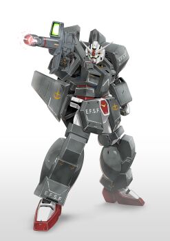 Rule 34 | aiming, beam rifle, commentary request, earth federation, earth federation space forces, energy, energy gun, firing, full armor engage gundam a plan, glowing, glowing eyes, gradient background, green eyes, gundam, gundam u.c. engage, highres, mecha, mecha focus, mobile suit, muzzle flash, no humans, reactive armor, realistic, robot, roundel, science fiction, seotaku (kyokkou), v-fin, weapon