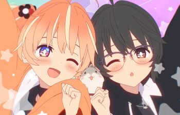 +_+ 3d arm_up black_choker black_hair black_hoodie blender_(medium) blonde_hair blush bright_pupils cel_rendering choker dot_nose expressionless flower glasses hair_flower hair_ornament hamster hand_up hood hood_down hoodie looking_at_another looking_at_viewer medium_hair multicolored_eyes multicolored_hair one_eye_closed open_mouth orange_hair orange_hoodie outstretched_arm parted_lips pink_eyes portrait purple_eyes rinne_(rinrinne) rinrinne rinrinne39_(artist) semi-rimless_eyewear short_hair siblings side-by-side sisters smile streaked_hair turtleneck two_side_up virtual_youtuber white_pupils