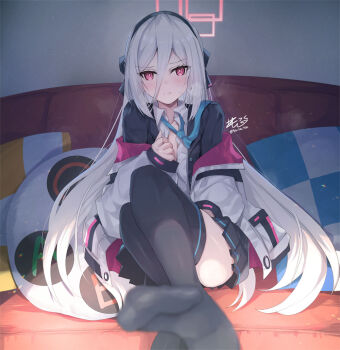 1girl black_skirt black_thighhighs blue_archive commentary_request hair_between_eyes indoors inoue_takuya_(tactactak) jacket kei_(blue_archive) kei_(new_body)_(blue_archive) long_hair long_hair_between_eyes looking_at_viewer open_clothes open_jacket parted_lips pink_eyes school_uniform sitting skirt solo sweat thighhighs very_long_hair white_hair white_jacket