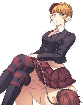 1boy 1girl bdsm beatrice_(umineko) black_jacket blonde_hair clothed_female_nude_male crossed_legs highres holding holding_leash hswoimuxk0pwr0h_(bbdan) human_chair human_furniture jacket leash necktie nude pink_necktie red_hair red_skirt sitting sitting_on_person skirt umineko_no_naku_koro_ni ushiromiya_battler white_background