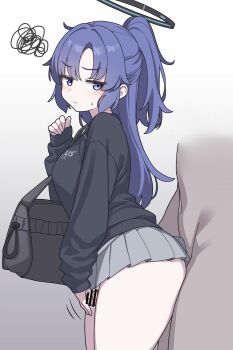 Rule 34 | 1boy, 1girl, absurdres, alternate costume, bar censor, black halo, black hoodie, blue archive, breasts, censored, erection, grey skirt, grinding, halo, hetero, highres, hood, hood down, hoodie, long sleeves, mechanical halo, medium breasts, miniskirt, penis, ponytail, purple eyes, purple hair, skirt, solo focus, squiggle, thick thighs, thigh sex, thighs, vector (dmlddmld00), yuuka (blue archive)