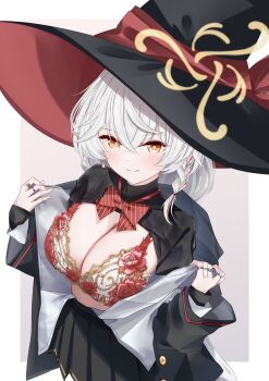 1girl black_hat black_jacket black_shirt black_skirt blue_archive blush border bra breasts brown_eyes cleavage closed_mouth eri_(blue_archive) hat highres jacket lace lace_bra large_breasts long_hair looking_at_viewer miniskirt open_clothes open_jacket opened_by_self outside_border pleated_skirt red_bra sarasadou_dan shirt simple_background skirt smile solo turtleneck turtleneck_shirt undershirt underwear white_background white_border white_hair white_shirt witch_hat