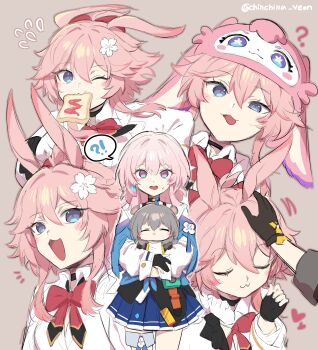 3girls absurdres black_gloves black_jacket bread bread_slice closed_eyes commentary evanescia_(honkai:_star_rail) food food_in_mouth gloves hat headpat hello_mem_world!_(honkai:_star_rail) highres honkai:_star_rail honkai_(series) jacket march_7th_(honkai:_star_rail) mouth_hold multiple_girls multiple_views ooyun open_mouth pink_hair purple_eyes shirt short_hair skirt stelle_(honkai:_star_rail) toast toast_in_mouth trailblazer_(honkai:_star_rail) untranslatable_commentary white_shirt