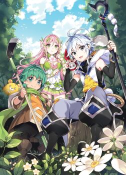 1girl 2boys :d ahoge animal animal_on_shoulder baggy_pants bear blue_sky boots breasts cleavage cloud cover cover_page deokure_tamer_no_sonohigurashi detached_sleeves dress familiar flower forest from_below green_eyes green_hair grey_eyes grey_hair hair_ornament halter_dress halterneck highres holding holding_hoe holding_staff hood hoodie knee_boots kumama_(deokure_tamer_no_sonohigurashi) leaf leaf_hair_ornament long_hair multiple_boys nardack nature novel_cover official_art olto open_mouth pants pink_hair rick_(deokure_tamer_no_sonohigurashi) robe sakura_(deokure_tamer_no_sonohigurashi) sasaki_yuta_(deokure_tamer_no_sonohigurashi) scarf short_hair sitting sky smile squirrel_girl staff standing white_flower