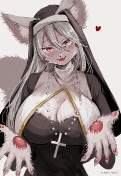 1girl animal_ear_fluff animal_ears animal_nose black_dress blush body_fur breasts claws cleavage coif commentary_request cross cross_necklace dress fang furry furry_female grey_hair hair_between_eyes heart highres jewelry kamitani_propeller large_breasts long_hair long_sleeves looking_at_viewer necklace nun open_hands open_mouth original pawpads reaching reaching_towards_viewer red_eyes rosary simple_background snout solo tail upper_body white_background white_fur wolf_ears wolf_girl wolf_tail