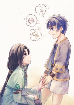 2boys aged_down black_hair blue_eyes blue_hair child commentary_request cross-laced_clothes cross-laced_top facial_mark fire_emblem fire_emblem:_path_of_radiance fire_emblem:_radiant_dawn fire_emblem_heroes forehead_mark highres ike_(close-knit_siblings)_(fire_emblem) ike_(fire_emblem) image_in_speech_bubble long_hair male_focus mochi88543 multiple_boys nintendo red_eyes short_hair shorts soren_(fire_emblem) soren_(radiant_confidant)_(fire_emblem)