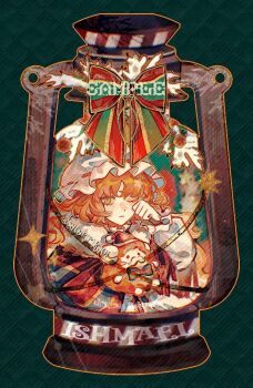 Rule 34 | 1girl, argyle background, bow, character name, christmas nightmare (e.g.o), e.g.o (project moon), freckles, green background, green bow, hand up, hat, in lantern, ishmael (project moon), lantern, limbus company, long hair, long sleeves, looking at viewer, mob cap, one eye closed, orange eyes, orange hair, project moon, red bow, sleepy, solo, star (symbol), stuffed toy, twitter username, two-tone bow, usamisatori, white hat