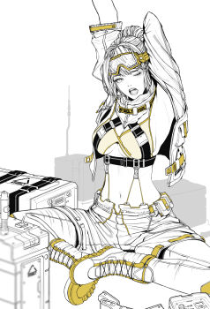 1girl arm_behind_head armor armpit_crease armpit_peek armpits arms_up belt bikini bikini_armor bikini_under_clothes blurry bodysuit boots box breasts bright_pupils crossed_legs cyberpunk depth_of_field eyebrow_piercing face_piercing full_body goggles goggles_on_head goggles_on_headwear greyscale hancho_xo hands_up highres jacket large_breasts leggings leggings_under_shorts lineart logo long_hair mechabare mechanical medium_breasts midriff military mole mole_on_breast monochrome navel neckerchief one_eye_closed original pants pantyhose piercing ponytail science_fiction shorts sitting sketch skindentation sleeves_rolled_up solo split sports_bikini sportswear spot_color strap swimsuit swimsuit_under_clothes underboob underbust white_background white_eyes white_hair white_pupils yawning yellow_bikini