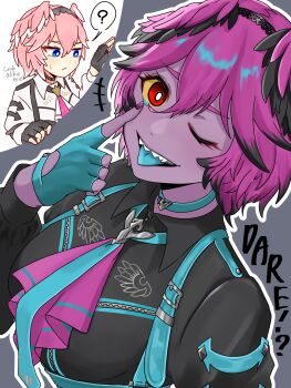 +++ 2girls ? akanbe alternate_color black_choker black_gloves black_shirt blue_choker blue_eyes blue_gloves blue_tongue breasts choker closed_mouth colored_tongue commentary dare!?_(takane_lui) double-parted_bangs eyelid_pull fingerless_gloves fingernails gloves grey_background hair_between_eyes hashtag-only_commentary head_wings highres hololive large_breasts long_sleeves looking_at_viewer multiple_girls one_eye_closed open_mouth pink_hair purple_hair red_eyes ringo_21_a sharp_teeth shirt short_hair small_sweatdrop smile solo_focus spoken_question_mark symbol-only_commentary takane_lui takane_lui_(1st_costume) teeth tongue tongue_out upper_body virtual_youtuber white_shirt wings