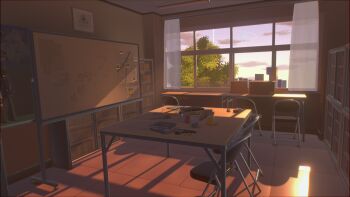 3d absurdres abydos_high_school_logo assault_rifle blue_archive book bookshelf box bullet cardboard_box chair chinese_commentary cloud coffee_mug commentary commentary_request cup curtains drawing_(object) english_commentary folding_chair gradient_sky gun handgun highres indoors m16 magazine_(weapon) map_(object) mixed-language_commentary mug no_humans pen pencil portrait_(object) purple_sky rifle ring_of_light_(blue_archive) scenery school scissors sky sticky_note sunrise tree weapon weapon_request whiteboard whiteghost03 window yellow_sky