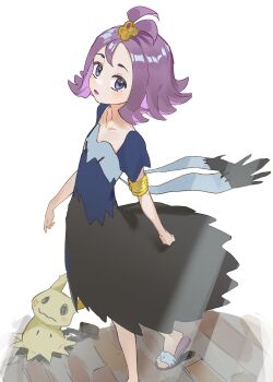 1girl acerola_(pokemon) armlet blue_eyes blush dress gen_7_pokemon hair_ornament highres jewelry kurobeko_(kur0bek0) looking_at_viewer mimikyu multicolored_dress nintendo parted_lips patchwork_clothes pokemon pokemon_(creature) pokemon_sm purple_hair shoes short_hair short_sleeves simple_background slippers topknot