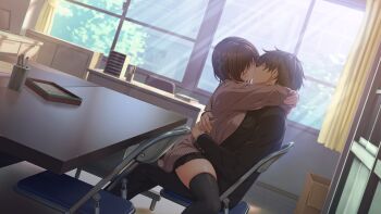 Rule 34 | 1boy, 1girl, absurdres, black hair, black skirt, black thighhighs, brown hair, buttons, cardigan, chair, choumai sui, closed eyes, couple, gakuran, game asset, highres, hug, indoors, kinou yumeto, kiss, koku, long sleeves, miniskirt, nandome ka no hajimemashite, non-web source, official art, on chair, school uniform, self-datamine, sitting, skirt, straddling, sunlight, table, thighhighs, upright straddle, variant set, visual novel cg, window