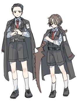 2boys aged_down arthropod_limbs belt belt_buckle black-framed_eyewear black-framed_glasses black_belt black_coat black_hair black_shoes black_shorts black_vest brown_hair buckle child closed_mouth coat coat_on_shoulders collared_shirt expressionless fist_in_hand forehead formal_clothes full_body glasses green_eyes gregor_(project_moon) hair_between_eyes hair_slicked_back half-closed_eyes hand_on_own_arm height_difference holding holding_own_arm id_card jitome kikkoinu lapels limbus_company long_coat long_hair long_sleeves looking_at_viewer low_ponytail male_focus multiple_boys name_tag necktie open_clothes open_coat own_hands_together pants parted_bangs photoshop_(medium) pocket ponytail project_moon red_necktie sanpaku semi-rimless_eyewear serious shirt shoes short_hair shorts simple_background sketch sleeves_rolled_up socks standing suit under-rim_eyewear undershirt vest white_background white_shirt white_undershirt yellow_eyes