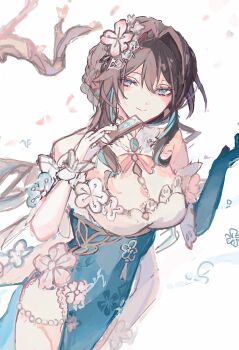 Rule 34 | 1girl, aqua eyes, asymmetrical gloves, black hair, bow, breasts, collar, commentary request, dress, floral print, flower, gem, gloves, hair flower, hair ornament, hand fan, highres, honkai: star rail, honkai (series), light smile, mismatched gloves, multicolored hair, nonoko (nocnnc 0228), off shoulder, official alternate costume, ruan mei (honkai: star rail), ruan mei (plumblossom letter) (honkai: star rail), streaked hair, thigh strap, two-tone dress