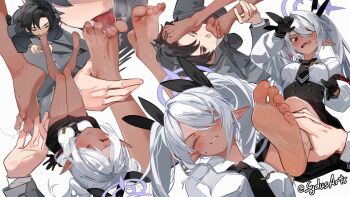 1boy 1girl barefoot blue_archive blue_archive_the_animation blush dark-skinned_female dark_skin feet foot_worship grey_hair hair_over_one_eye highres iori_(blue_archive) licking_foot long_hair looking_at_viewer open_mouth parted_lips pointy_ears red_eyes sensei_(blue_archive) sensei_(blue_archive_the_animation) soles sydus toes twintails