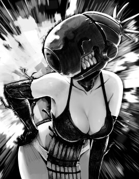 1girl absurdres apron bomb_devil_(chainsaw_man) breasts chainsaw_man cleavage dynamite elbow_gloves explosion explosion_background explosive gloves greyscale highres large_breasts leaning_forward miss_faves monochrome panties solo underwear