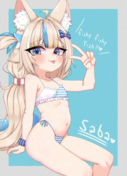 1girl animal_ear_fluff animal_ears belly bikini blonde_hair blue_eyes blue_hair breasts hajiwan001 highres indie_virtual_youtuber loli long_hair multicolored_hair navel sameko_saba small_breasts solo striped_bikini striped_clothes swimsuit tongue tongue_out v virtual_youtuber