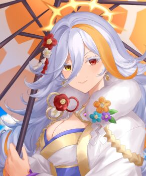 1girl baldr_(fire_emblem_heroes) baldr_(new_year's_elite)_(fire_emblem_heroes) blush breasts cleavage closed_mouth commentary_request earrings ell_0314 fire_emblem fire_emblem_heroes flower fur-trimmed_kimono fur_trim grey_hair hair_between_eyes hair_flower hair_ornament halo heterochromia highres holding holding_umbrella japanese_clothes jewelry kimono large_breasts long_hair looking_at_viewer multicolored_hair nintendo official_alternate_costume oil-paper_umbrella orange_hair orange_halo red_eyes smile solo streaked_hair umbrella upper_body white_kimono yellow_eyes