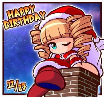 1girl aqua_eyes asouuuu blonde_hair border capelet chimney commentary_request drill_hair fur-trimmed_capelet fur_trim happy_birthday hat highres jikkyou_powerful_pro_yakyuu jikkyou_powerful_pro_yakyuu_(style) natsume_jun night night_sky no_mouth one_eye_closed outside_border power_pro_kun_pocket power_pro_kun_pocket_9 rayman_limbs red_hat red_shoes sack santa_costume santa_hat shoes sitting sky solo twin_drills white_border