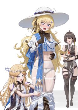 3girls absurdres ahoge bare_shoulders black_boots black_collar black_dress black_gloves black_hair black_thighhighs blonde_hair blue_eyes blue_sash blush boots breasts cartethyia_(wuthering_waves) clothes_pull collar commentary_request crop_top cross-laced_clothes cross-laced_dress crown_of_thorns dress earrings female_rover_(wuthering_waves) flying_sweatdrops gloves hair_ornament hair_ribbon hat highres jewelry korean_commentary long_hair long_sleeves looking_at_another looking_down medium_breasts multiple_earrings multiple_girls navel necklace notice_lines open_mouth panties panties_under_pantyhose pantyhose parted_bangs phoebe_(wuthering_waves) pointy_ears pulling_another's_clothes purple_eyes ribbon rover_(wuthering_waves) sash shirt sidelocks simple_background skirt skirt_pull sleeveless sleeveless_dress small_breasts smile soul_(smfa2555) stomach tabard tacet_mark_(wuthering_waves) thigh_boots thigh_gap thighband_pantyhose thighhighs thighhighs_under_boots thighs underwear very_long_hair white_background white_hat white_panties white_pantyhose white_shirt white_skirt white_tabard wuthering_waves x_hair_ornament yellow_eyes yellow_ribbon