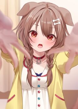 1girl absurdres animal_ears bone_hair_ornament braid brown_eyes brown_hair collar dog_ears dog_girl dress hair_ornament highres hololive inugami_korone inugami_korone_(1st_costume) jacket medium_hair open_mouth outstretched_arms outstretched_hand red_collar shagaihi solo twin_braids virtual_youtuber white_dress yellow_jacket