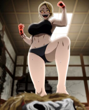 1girl absurdres anime_screenshot armpits barefoot blonde_hair blush breasts cleavage clenched_hands female_focus highres large_breasts legs looking_down matching_hair/eyes midriff multicolored_eyes muscular muscular_female navel open_mouth ryona sazanami_kuina short_hair solo sports_bikini sports_bra stitched stomach sweat thighs third-party_edit tongue tougen_anki wide_hips yellow_eyes