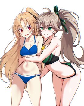 2girls absurdres alternate_costume azur_lane bare_shoulders bikini blonde_hair blue_bikini blush breasts brown_hair chromatic_aberration cleveland_(azur_lane) commentary_request commission cowboy_shot crossover elsword gembliss_(elsword) green_bikini green_eyes highres hug_from_side jo_an lithia_beryl_(elsword) long_hair medium_breasts multiple_girls navel one_side_up pixiv_commission ponytail red_eyes simple_background small_breasts swimsuit white_background yuri