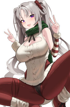 1girl :d backless_sweater black_panties breasts cleavage cleavage_cutout clothing_cutout commentary_request double_v fur_arm_warmers green_scarf grey_hair highres kumamiya large_breasts laru_(snowish)_(stella_sora) laru_(stella_sora) long_hair looking_at_viewer no_headwear open_mouth panties pantyhose purple_eyes red_pantyhose scarf simple_background sleeveless sleeveless_sweater smile spread_legs stella_sora sweater twintails underwear v white_arm_warmers white_background