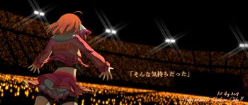 1girl ahoge azukilib backlighting bike_shorts black_shirt chromatic_aberration cowboy_shot crop_top cropped_jacket dated diffraction_spikes dutch_angle english_text facing_away female_focus floodlights frilled_jacket frilled_shorts frills from_behind fur-trimmed_jacket fur_collar fur_trim glowing glowstick happy_birthday jacket japanese_text love_live! love_live!_sunshine!! miniskirt mixed-language_text night orange_hair outdoors outstretched_arms pink_jacket pink_skirt shirt short_hair short_shorts shorts shorts_under_skirt skirt solo stadium standing takami_chika tied_shirt translation_request white_shorts