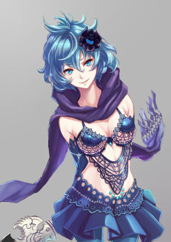 1girl arms_behind_back blue_eyes blue_hair blue_pantyhose blue_skirt breasts cleavage cowboy_shot drag-on_dragoon drag-on_dragoon_3 eyelashes female_focus gogo_(detteiu_de) grey_background hair_between_eyes hair_ornament highres legs_apart looking_at_viewer medium_breasts messy_hair midriff miniskirt open_mouth pantyhose pleated_skirt purple_scarf scarf short_hair skirt smile solo two_(drag-on_dragoon)
