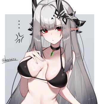 ... 1girl anger_vein arknights bikini black_bikini black_choker black_horns blush breast_suppress breasts breasts_apart choker closed_mouth commentary_request eyes_visible_through_hair grey_hair hair_between_eyes horns long_hair medium_breasts mudrock_(arknights) paid_reward_available partial_commentary pointy_ears solo sweat swimsuit twitter_username upper_body worimiru