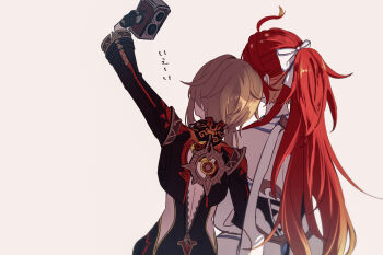 2girls alternate_hairstyle back bare_shoulders biker_clothes bikesuit black_bodysuit black_gloves blonde_hair bodysuit bow breasts camera cosplay costume_switch dress facing_away genshin_impact gloves hair_bow highres holding holding_camera if0208 long_hair long_sleeves lumine_(genshin_impact) mavuika_(genshin_impact) multicolored_hair multiple_girls orange_hair ponytail red_hair short_hair short_hair_with_long_locks sidelocks simple_background taking_picture two-tone_hair very_long_hair white_bow white_dress