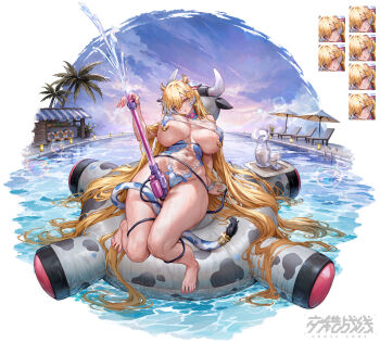 Rule 34 | 1girl, absurdres, animal ears, animal print, arm support, bare shoulders, barefoot, beach umbrella, blonde hair, blue choker, bottle, bow, breasts, choker, cloud, commentary request, copyright name, covered erect nipples, covered navel, cow ears, cow girl, cow horns, cow print, cow tail, cup, daiblos core, detached collar, drinking glass, ear tag, hair over one eye, highleg, highres, holding, holding water gun, horns, huge breasts, innertube, leaning back, long hair, looking at viewer, mole, mole on breast, multiple expressions, open mouth, orange eyes, pink bow, pool, see-through clothes, sitting, solo, surfing orange, swim ring, swimsuit, tail, toes, toy gun, tyrfing (daiblos core), umbrella, underboob, very long hair, water, water gun, wet, wrist cuffs