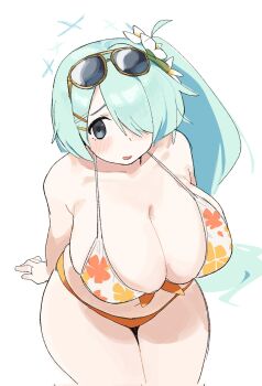 1girl aqua_hair arm_support bikini blue_archive blush breasts cleavage denpatou floral_print floral_print_bikini flower from_above green_hair grey_eyes hair_flower hair_ornament hair_over_one_eye hairclip halo hiyori_(blue_archive) hiyori_(swimsuit)_(blue_archive) huge_breasts long_hair one_eye_covered open_mouth orange_bikini plump print_bikini side_ponytail sitting solo sunglasses sunglasses_on_head swimsuit thick_thighs thighs white_background white_bikini
