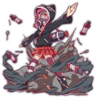 1girl adapted_costume alternate_costume animal_ear_hood animal_ears anime_coloring ankle_boots artist_request asymmetrical_legwear belt belt_buckle belt_collar black_belt black_boots black_hood black_jacket black_sleeves bomb boots breasts buckle collar collarbone crash_fever cross_ornament dress explosive fake_animal_ears full_body game_cg garter_straps gas gas_mask gas_tank gold_buckle grenade grenade_pin grey_mask hood hood_up hooded_jacket horizontal-striped_thighhighs jacket legs_apart long_sleeves looking_to_the_side mask medium_breasts number_print numbered official_alternate_costume official_art open_hands outline outstretched_arms pink_dress pink_eyes pink_hair pleated_dress pocket print_sleeves purple_thighhighs red_outline saki_(crash_fever) short_hair simple_background skull_and_crossbones skull_print sleeves_past_wrists smoke smoke_bomb solo spread_arms square square_print standing striped_clothes striped_thighhighs tachi-e thighhighs third-party_source transparent_background white_garter_straps zettai_ryouiki zipper