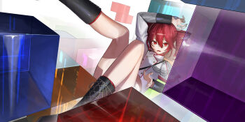 Rule 34 | 1girl, absurdres, arm up, basasyu, black boots, boots, commentary request, drill hair, frown, grey shirt, hair between eyes, hair ribbon, highres, kasane teto, kasane teto (sv), knee up, lace-up boots, leg up, long sleeves, looking at viewer, open mouth, red eyes, red hair, ribbon, shirt, short hair, solo, synthesizer v, tetris, thighs, twin drills, utau, white ribbon